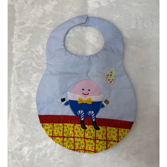 VTG 80s Hand Crafted Nursery Rhyme Humpty Dumpty Quilted Fabric Blue Baby Bib - Picture 1 of 12